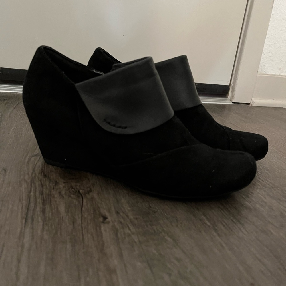 Clarks Black Wedge Boots with Fold-Over Strap